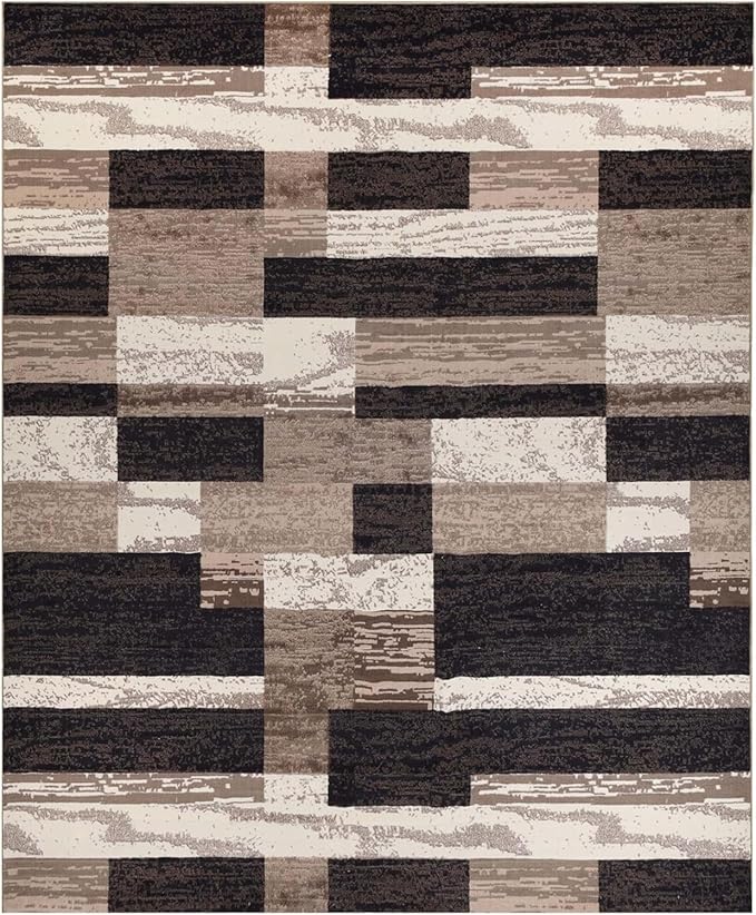 Superior Indoor Area Rug, Plush Carpet Cover, for Kids or Pets, Hallway, Entryway, Living Room, Dining, Bedroom, Office, Kitchen, Modern Geometric Patchwork, Rockwood Collection, 12' x 18', Chocolate