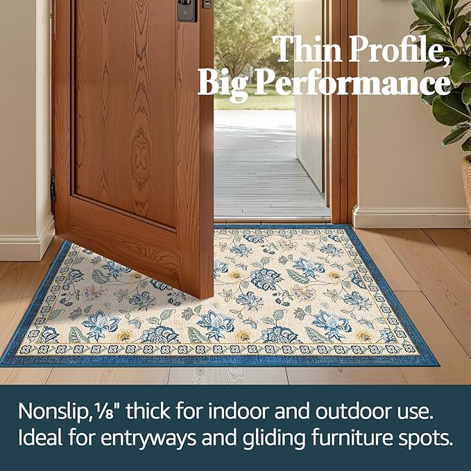 jinchan Elora 3x5 Floral Rug for Entryway Washable Rug Vintage Romance Design Small Mat Non Slip Indoor Doormat Lightweight Low-Profile Throw Carpet for Entrance Bathroom Laundry Room, Blue/Beige
