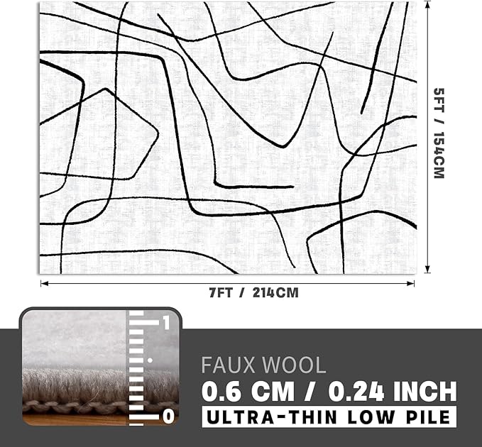 YIHOUSE 5x7 Washable Living Room Rug - Modern Abstract Black and White Area Rug Non-Slip for Bedroom Home Office (Abstract, 5'x7'ft)