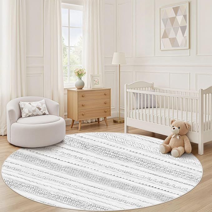Nakagishi Round Rug Boho Area Rugs: 6x6 Washable Large Circle Neutral Soft Stain Resistant Non-Slip Carpet for Women Aged 25-45 Farmhouse Decor Enthusiasts - Living Room Bedroom Dining Room Nursery