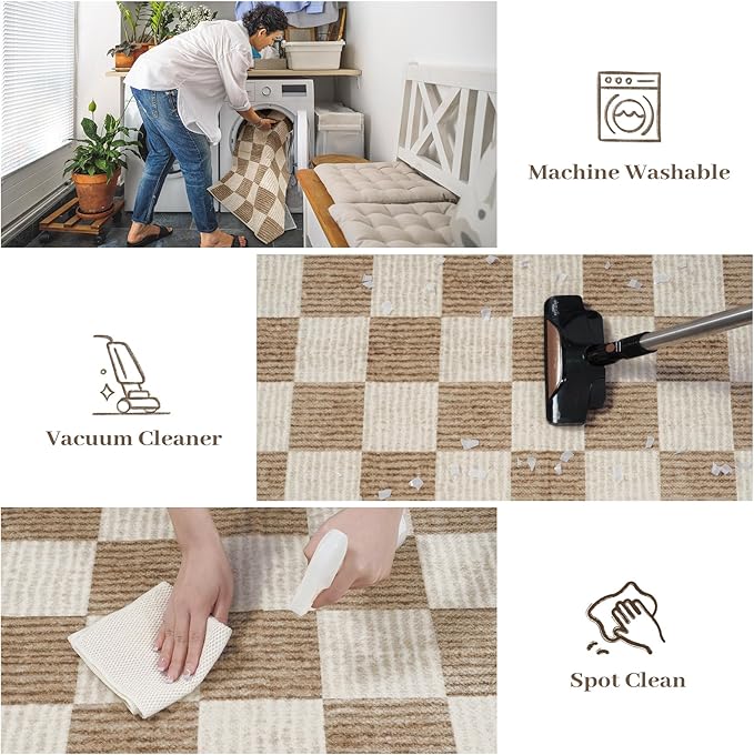 LIVEBOX 8x10 Area Rugs for Living Room, Checkered Non-Slip Washable Rugs, Farmhouse Neutral Classic Geometric Pattern Large Boys Area Rug for Bedroom, Carpet for Dining Room Office(Brown,8'x10')