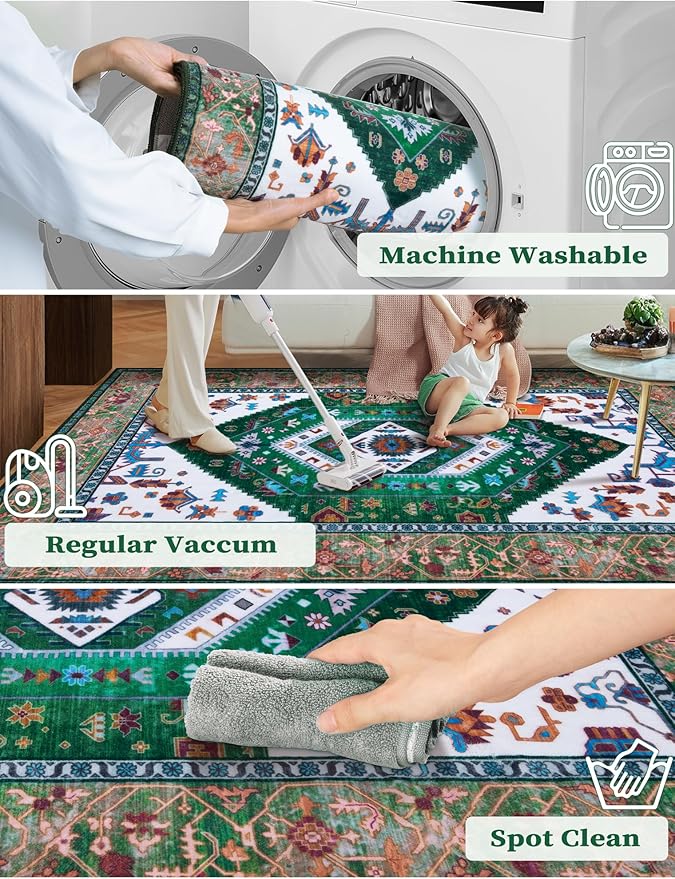 SERISSA Boho Washable Runner Rug, 2x5 Rug Runner Non-Slip Vintage Green White Hallway Kitchen Runner Rug Ultra Soft Print Distressed Floor Carpet Runner for Bedroom Bathroom Laundry Living Room