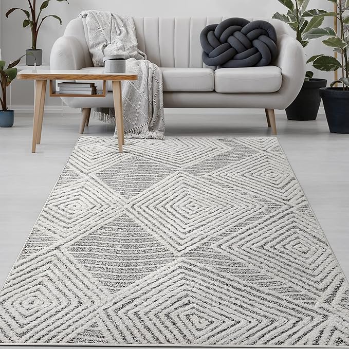 Antep Rugs Palafito 4x6 Geometric Shag Diamond High-Low Pile Textured Indoor Area Rug (Gray, 3'11" x 5'11")