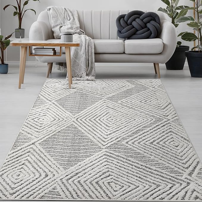 Antep Rugs Palafito 6x9 Geometric Shag Diamond High-Low Pile Textured Indoor Area Rug (Gray, 6'7" x 9')