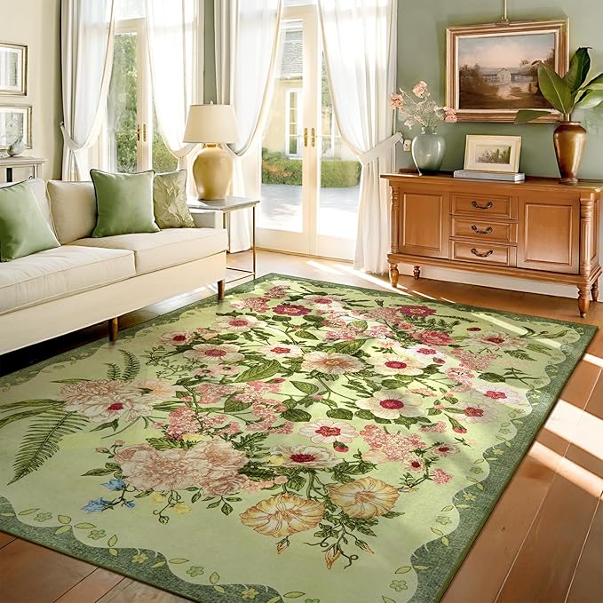 Floral Washable 5x7 Area Rugs - Living Room Rug Non Slip Low Pile Stain Resistant Carpets Indoor Vintage Flower Print Rug for Bedroom Dining Room Kitchen Home Office Green