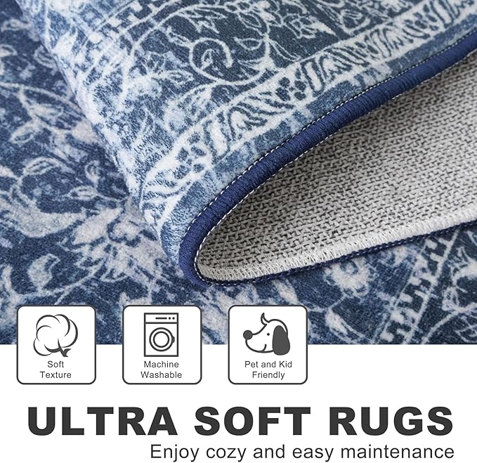 KILOCOCO Runner for Hallway 3x14 Runner Rug Printed Vintage Floral Washable Rug Kitchen Runners Soft Non-Slip Low Pile Hallway Runners Laundry Room Distressed Boho Rugs, Blue