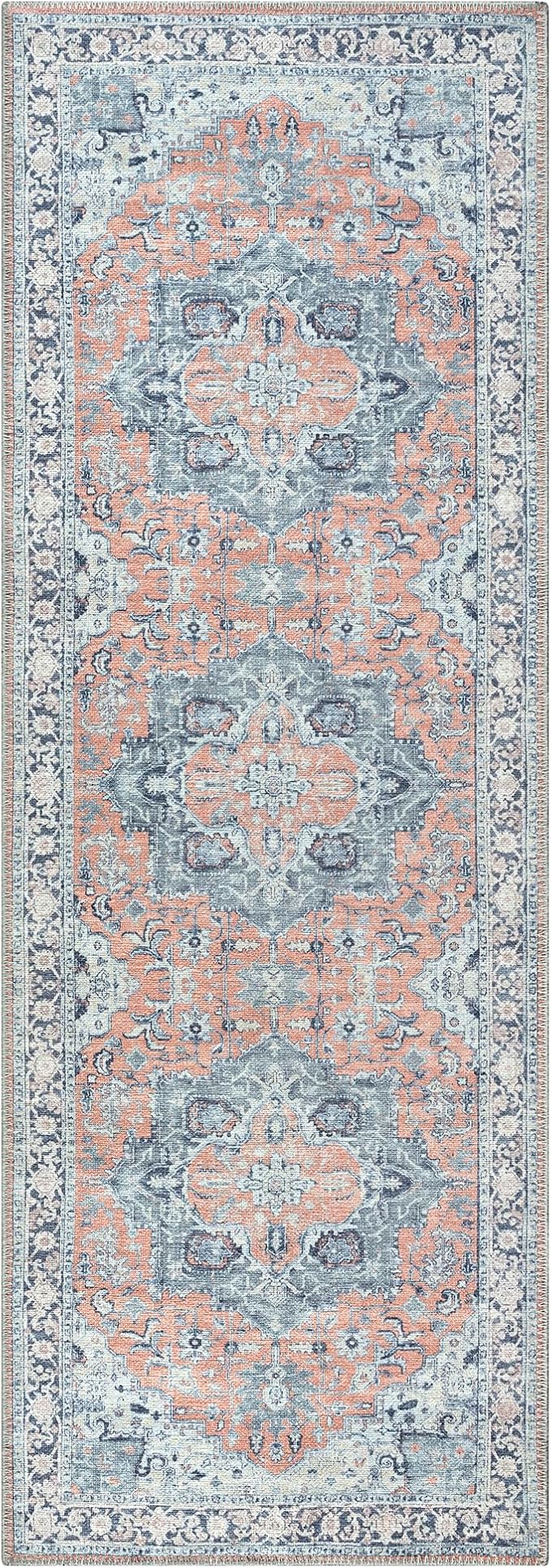 Bloom Rugs Washable Non-Slip 12 ft Runner - Coral/Blue Traditional Medallion Runner for Entryway, Hallway, Bathroom, and Kitchen - Exact Size: 2.5' x 12'