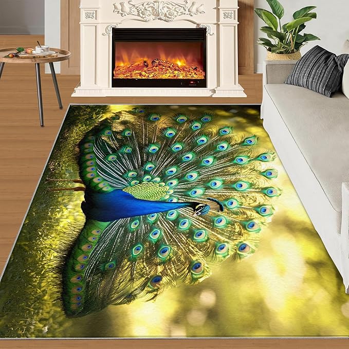 Peacock Rug 4x6-4x6 Rug, Wonderful Peacock Area Rugs for Bedroom, Nature Rugs for Living Room, Modern Style Washable Mat, Aesthetics Carpet - Peafowl Home Decor & Gifts