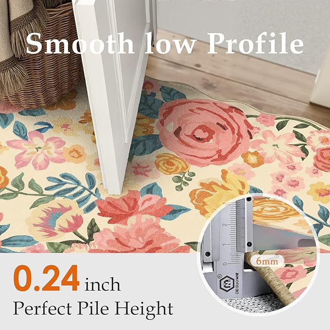 Washable Floral Area Rug 6x9 Beige Living Room Large Carpet Bedroom Scalloped Flower Non Slip Soft Throw Rug Farmhouse Low Pile Thin Indoor Floor Cover for Dining Room Office