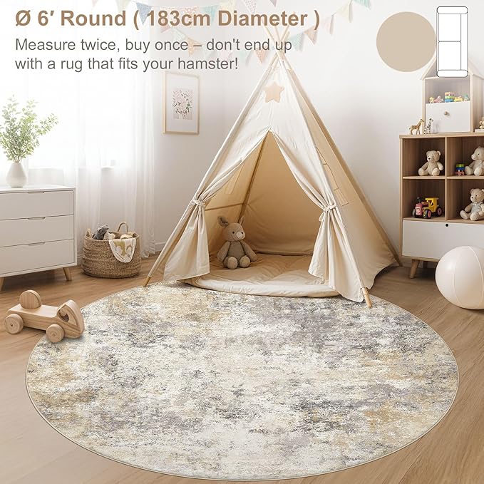6ft Round Area Rug Living Room Rugs - 6x6 Washable Neutral Modern Abstract Soft Thin Rug Indoor Floor No Slip Rug Carpet for Bedroom Under Dining Table Home Office Decor - Golden Grey