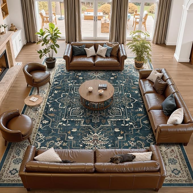 Large 10x14 Area Rugs, Washable Non Slip Big Rug for Living Room Bedroom, Distressed Medallion Vintage Big Carpet Rugs for Dinig Room Family Rooms, Low Pile Thin, Deep Blue/Multi