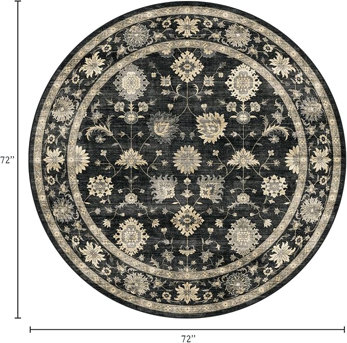 Washable Round Area Rug 6ft - Charcoal Black Traditional Floral Living Room Circle Rug Non-Slip Farmhouse Dining Room Carpet Soft Vintage Boho Round Rugs for Bedroom Office Entryway