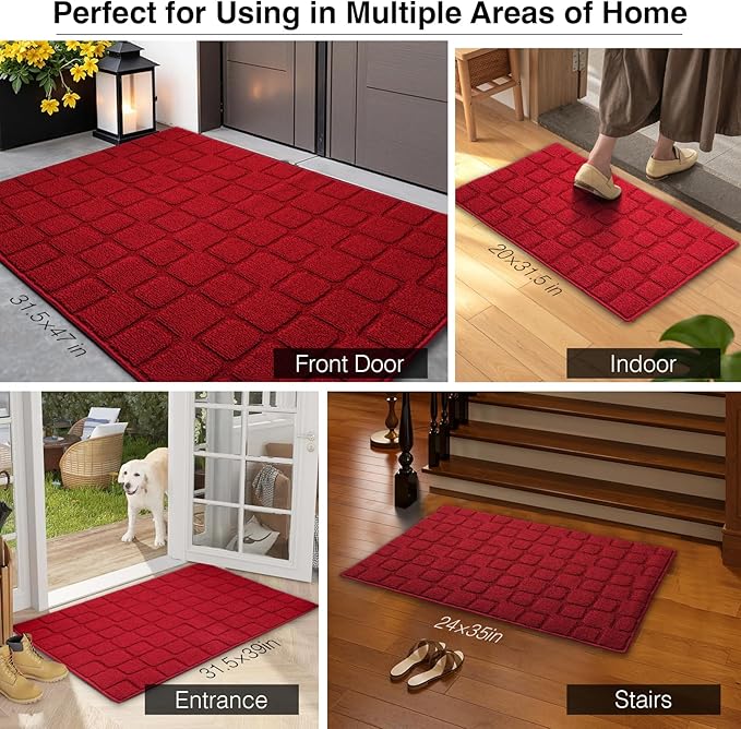 Large Front Door Mat Outside Entrance, Outdoor Indoor Door Mats for Entryway, Entrance, Entry, Patio, Waterproof Non Slip Doormat, Low-Profile, 31.5" × 47“, Red