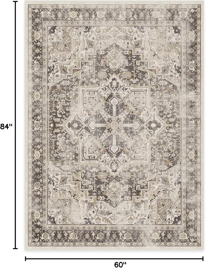 RUGGABLE Washable Vintage Area Rug – Kamran Hazel 5x7, Stain-Resistant, Non-Slip – Medium Machine Washable Rugs for Living Room, Bedroom, Hallway, Entryway & Office–with Cushioned Pad
