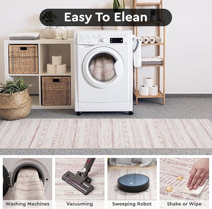 2x10 Runner Rug Machine Washable Non Slip Area Rug Distressed Neutral Moroccan Boho Rug Ultra Soft Floor Runners for Hallways for Entryway Laundry Room Kitchen, Pink