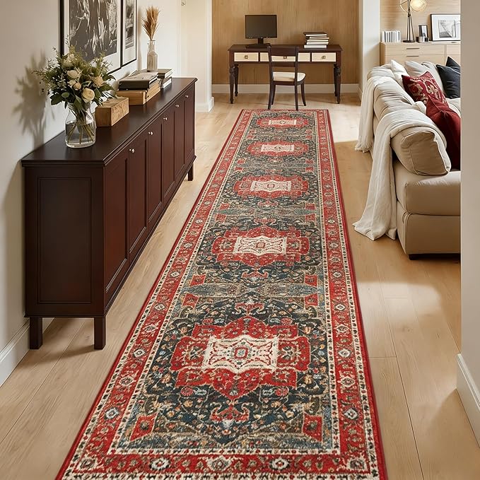 Enkor Runner Rugs for Hallway, 2.6x13 Washable Soft Boho Non Slip Floor Rugs for Kitchen, Modern Mat for Living Room Bedroom Entryway Red & Blue