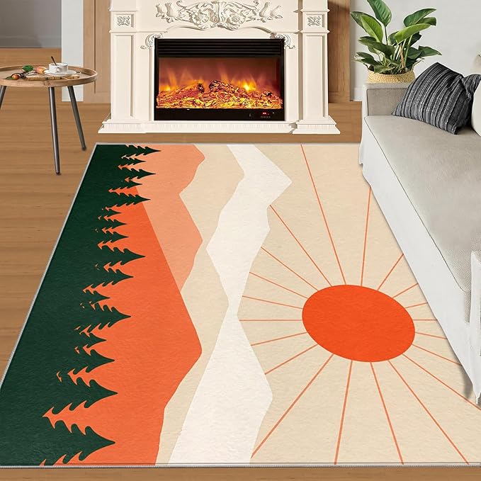 Boho Sun Area Rugs 8x10ft, Minimalist Mountain Area Rug for Living Room, Abstraction Deco Modern Rug with Double Sided Carpet Tape for Bedroom Men Room Decor