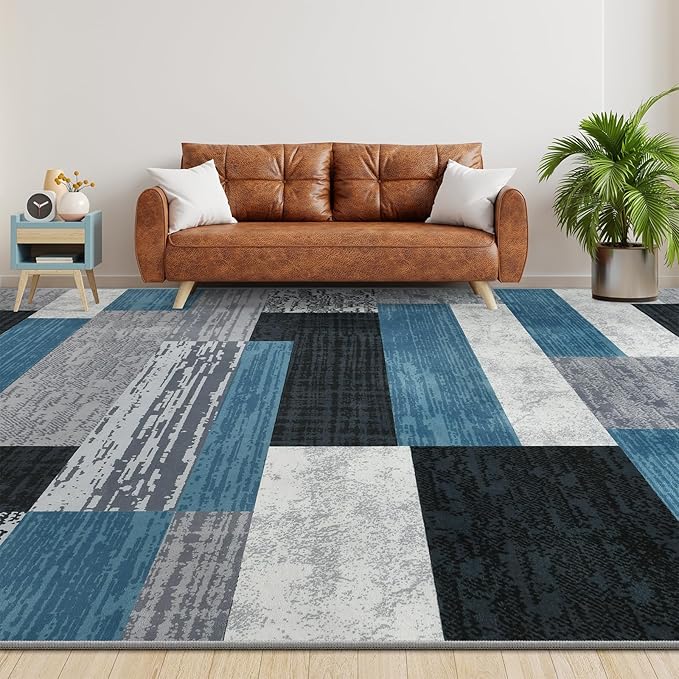 Large Area Rugs,Modern Geometric Patchwork Floor Decor for Bedroom Aesthetic Carpet, Rockwood Collection, Indoor Rugs for Living Room, Dining Room, Nursery, Office, Machine Washable Rug,6x9 Ft Blue
