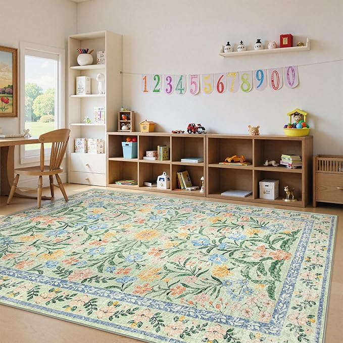Lahome Boho Light Green Large Area Rugs for Bedroom 9x12, Floral Washable Rugs Living Room, Soft Non-Slip Thin Rug for Nursery Kids Playroom Tween Girls Home, Tea Green