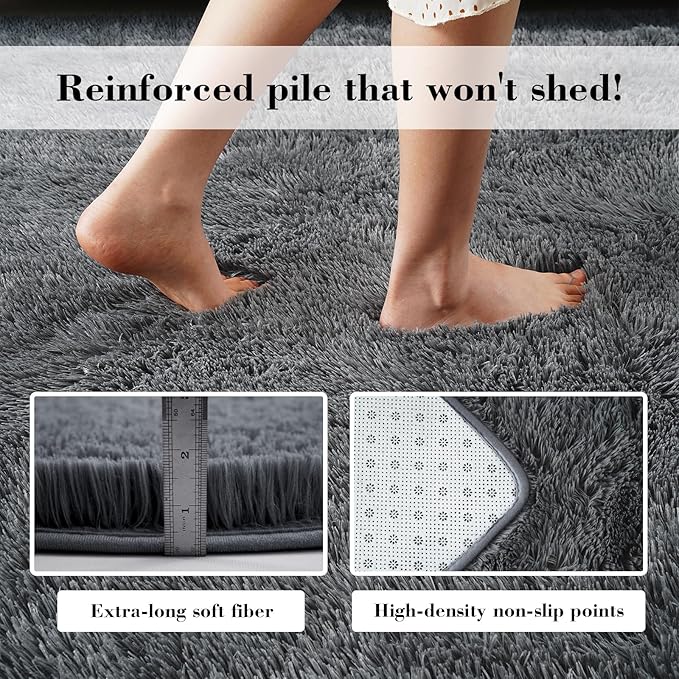 Fluffy Rug Shaggy Area Rug, Dark Grey 5x8 Area Rugs for Bedroom, Small Bedside Rug, Soft Fluffy Shaggy Entryway Throw Rugs for Living Room Bedroom Kids Room Home Decor
