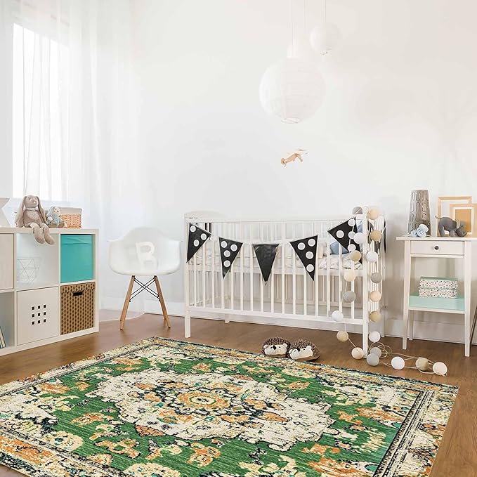 Bohemian Pattern Rectangular Area Rugs for Living Room Bedroom 3 x 5 ft Green & Orange Abstract Non-Shedding Soft Low Pile Rug Non Slip Washable Rug for Nursery Entryway Playroom