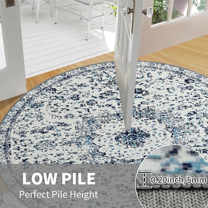 Easy-Going Round Rug 5ft Area Rug Washable Boho Circle Rugs for Living Room Non-Slip Bedroom Rug Low Pile Lightweight Floral Print Vintage Throw Rug for Dining Room Kitchen Home Office, Blue Cream