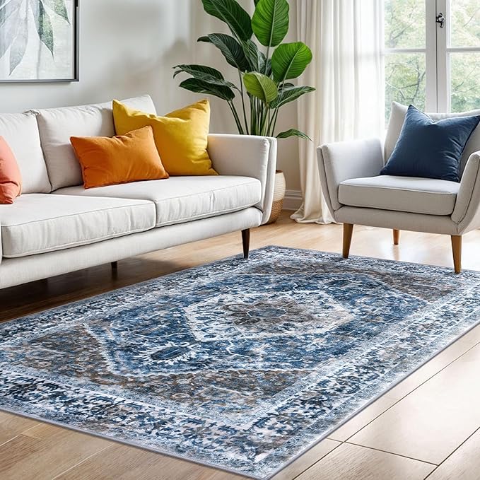 KOZYFLY Area Rug 4x6 Ft Washable Rugs for Entryway Non Slip Kitchen Mats for Floor Rugs for Living Room Printed Faux Wool Vintage Throw Rug for Entrance Bedroom Kitchen Living Room, Blue