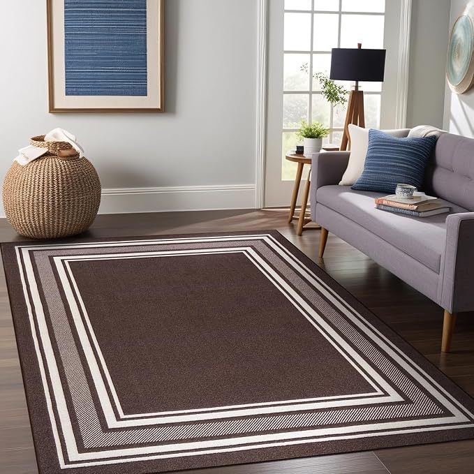 Beverly Rug Non Slip Area Rugs 3x3 Modern Bordered Non Skid Rubber Backing Soft Area Rug for Living Dining Room Easy to Clean Non Shedding Kitchen Bedroom Indoor Carpet 3 x 3 Brown