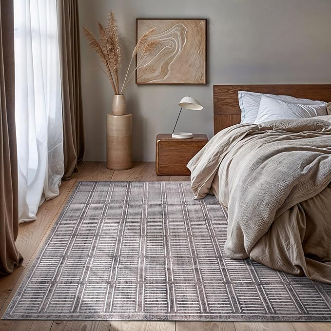 Rugshop Bohemian Stripe Lines Washable Non Slip Area Rug 8' x 10' Brown