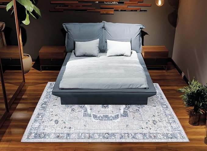 Bloom Rugs Washable Non-Slip 8' x 10' Rug - Pebble Gray/Blue Traditional Medallion Area Rug for Living Room, Bedroom, Dining Room, and Kitchen - Exact Size: 8' x 10'