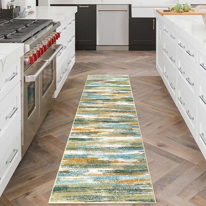 Modern Abstract Runner Rug 2x6, Green Mustard Multi Washable Kitchen Runner Non-Slip Soft Hallway Rug Runner Thin Print Faux Wool Carpet for Entryway Bedroom Laundry Room Indoor Home Decor