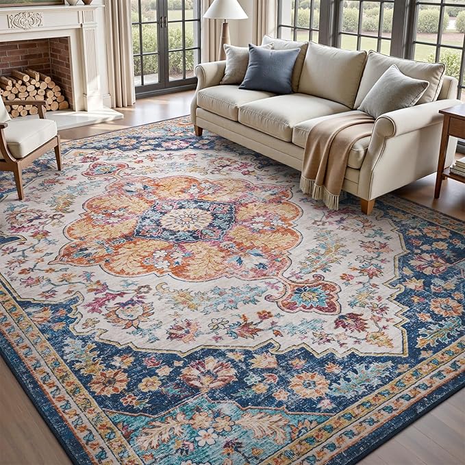 tchdio 8x10 Area Rugs for Living Room, Vintage Non Slip Washable Rug, Soft Low Pile Colorful Area Rug Large Floor Indoor Carpet for Bedroom, Dining Room, Office (Multi, 8'x10')