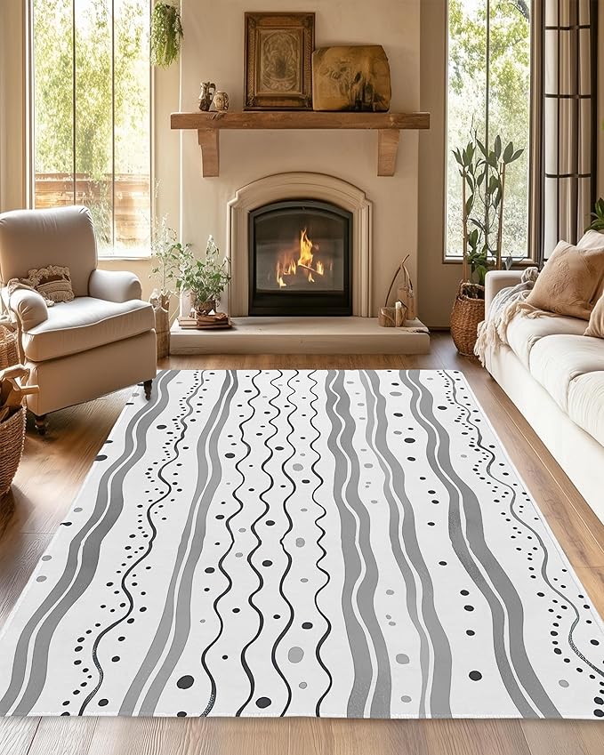 Modern Gray Lines Washable Living Room Area Rug, Low Profile Abstract Pattern, Non-Slip Backing Carpet for Kitchen, Bedroom, Dining Room