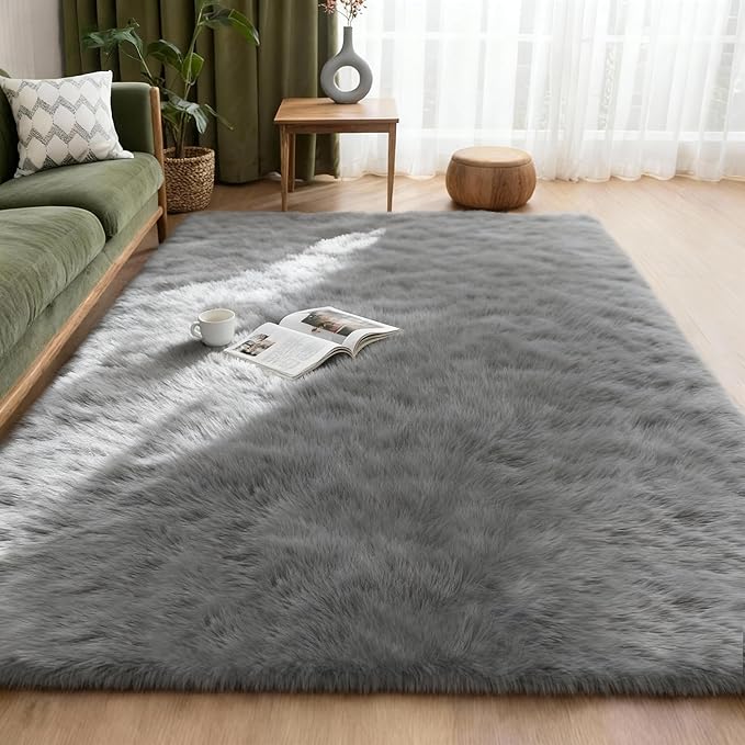 6x9 Solid Fluffy Grey Area Rug – Washable, Durable, Large Living Room Rug, Non-Slip High Pile Shag Rugs for Bedroom, Bedside, Dorms, Nursery Rooms, Kids Room, Soft Indoor Floor Carpet Decor