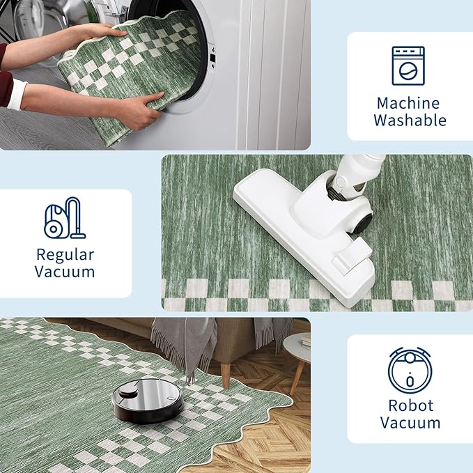 GarveeHome Washable Rug 5x7 for Living Room Large Bedroom Scalloped Rug Non Slip Stain Resistant Modern Border Throw Carpet Soft Boho Rug for Dining Room Nursery Home Office, Green