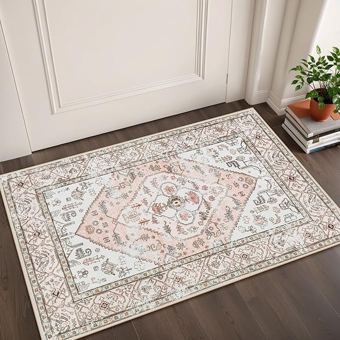 Lahome Boho Entryway Rugs Indoor - 2x3 Washable Area Rug Throw Small Rugs for Bedroom Girls Non-Slip Lightweight Bathroom, Vintage Print Floor Doormat Carpet for Kitchen Laundry Room (Pink, 2'x3')