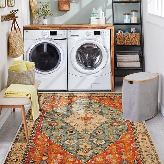 COMSLE Boho Area Rug, 4' x 6' Machine Washable Rugs for Entryway Faux Wool Large Rugs Distressed Throw Rug Non-Slip Floor Carpet for Indoor Bedroom Kitchen Living Room