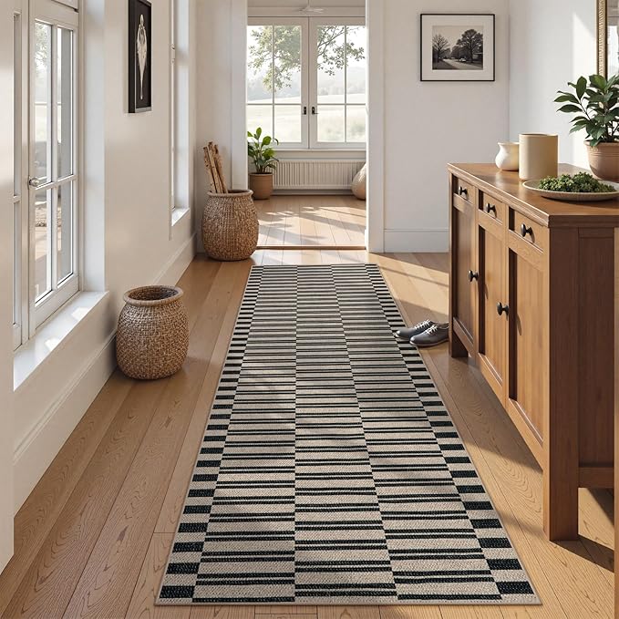 Lahome Striped Easy Jute Washable Runner Rug, Carpet Runners for Hallway 8ft Non Slip Kitchen Entryway Runner, Farmhouse Neutral Non Shedding Indoor Outdoor Carpet for Foyer Laundry Room