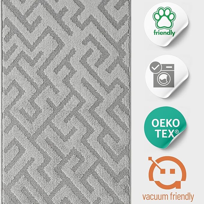35ft Custom Size Runner Rug by The Foot for Extra Long Hallways - Deco Grey | Non-Slip | Washable & Edge Bound