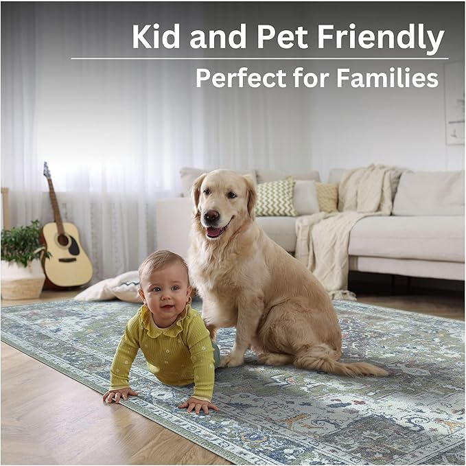 Bloom Rugs Washable Non-Slip 4' x 6' Rug - Green/Blue Traditional Medallion Area Rug for Living Room, Bedroom, Dining Room, and Kitchen - Exact Size: 4' x 6'