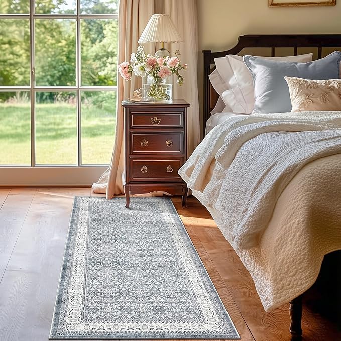 jinchan Floral Runner Rug 2x5 - Machine Washable Grey Vintage Distressed Design Soft Non-Slip Low-Pile Ultra-Thin Runner Rug for Kitchen Hallway Laundry Room Entryway Farmhouse (2‘x5', Grey)