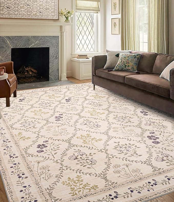 YIHOUSE 8x10 Washable Rug for Living Room, Beige Floral Rugs for Bedroom Boho Area Rug Non Slip Ultra-Thin Large Rug for Kids Playroom, Classroom, Girls Dorm, Nursery, Beige Multi