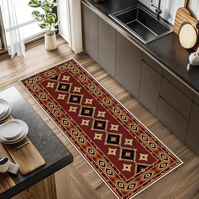 Burgundy Diamond Runner Rug, 3x8ft Hallway Runner Rugs - Corridor & Foyer Area Rugs, Non-Slip Mat Durable Rug, Washable Flannel Material, Southwestern Geometric Home Decor Carpet