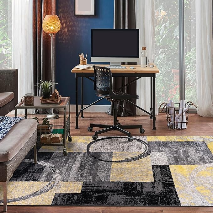 Rugshop Contemporary Circle Design Area Rug, Carpet with Jute Backing for Living Room, Bedroom, or Dining Room, Yellow, 5'3" x 7'3"