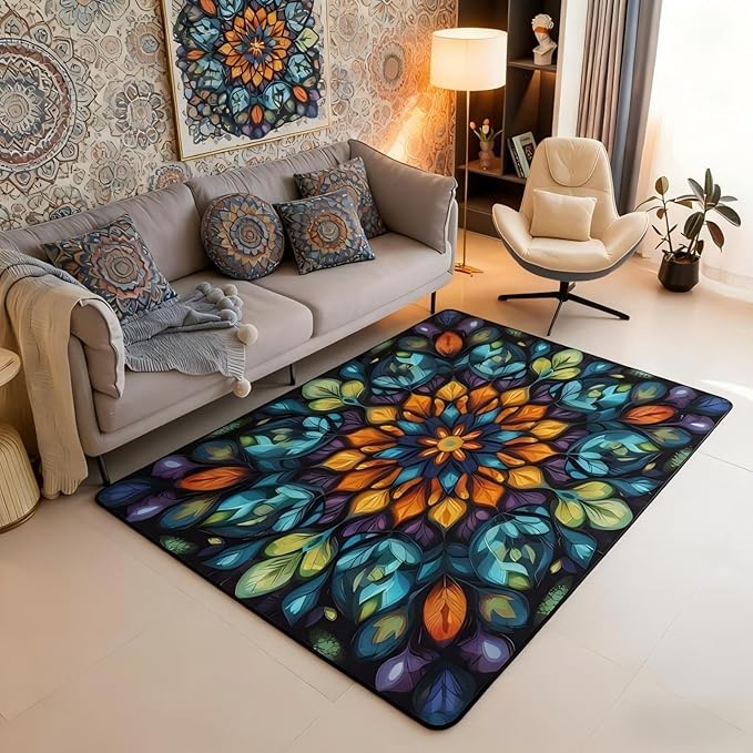Vintage Mandala 5x7 Area Rug Bohemian Style Watercolor Flower Living Room Rug | Boho Floral Rugs for Bedroom, Antique Decor Victorian Damask Carpet Indoor Floor Mat