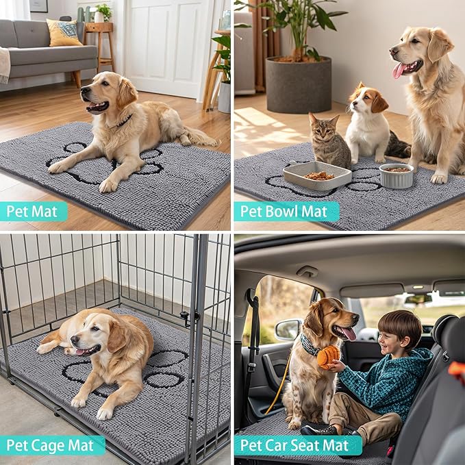 Smiry Dog Door Mat for Muddy Paws, Absorbent Dirt Trapper Non Slip Quick Dry Washable Chenille Mat for Mud Dogs, Entry Rug for Indoor and Outdoor (40x32 Inches, Grey and Black)