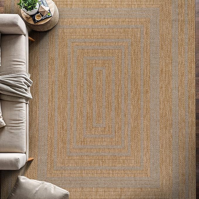 Beverly Rug Easy Jute Framed Border Rug 8x10 Washable Durable Indoor Outdoor Area Rugs for Living Dining Room Patio Office Stain Resistant Non Shedding Casual Indoor Outside Carpet 8 x 10 Natural