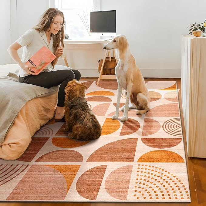 MUJOO Area Rug 6x9,Washable Rugs for Living Room Bedroom Dining Room,Large Boho Throw Floor Carpet Non Slip Soft Modern Abstract Bohemian Orange