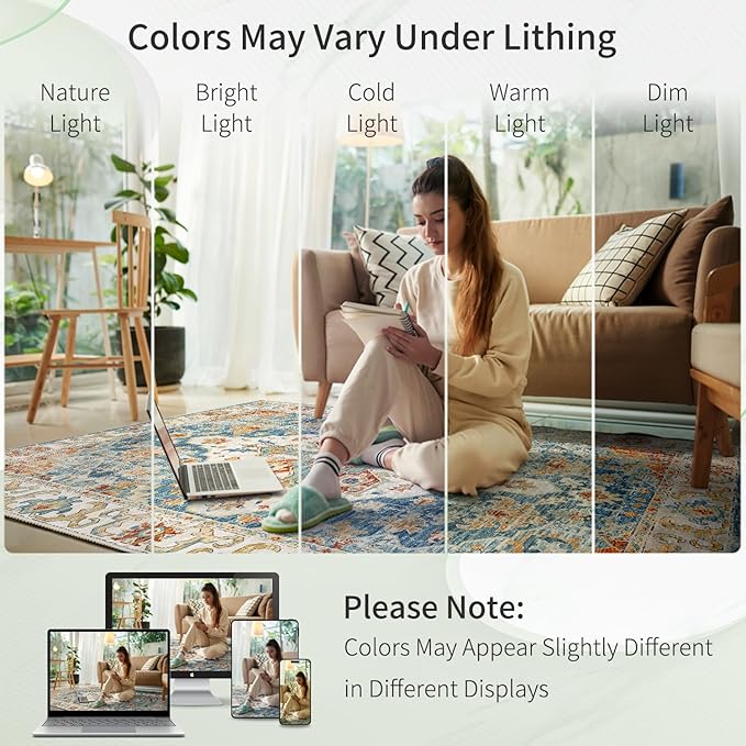 Enkor Area Soft Rugs 5x7 Washable Non Slip Boho Floor Rugs for Living Room Bedroom, Vintage Style Farmhouse Mat for Kitchen Entryway Orange & Blue
