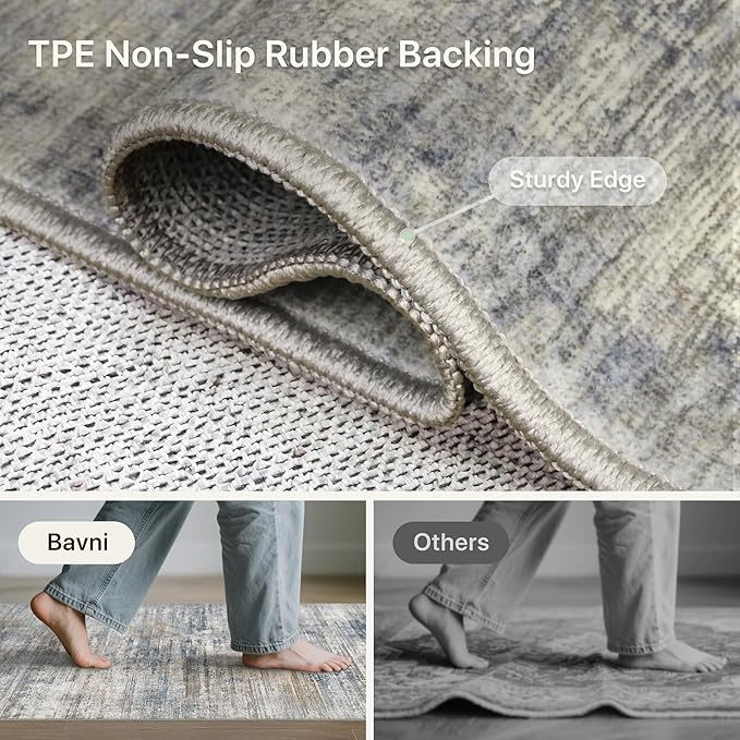 Bavni 5x7 Rug, Machine Washable Rug Non-Slip, Soft Modern Lightweight Area Rug, Stain Resistant Rugs for Living Room, Bedroom, Dining Room, Blue/Light Grey